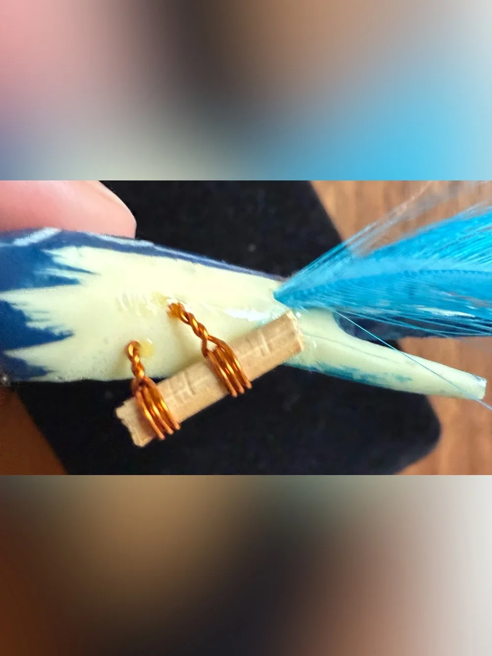 Vintage Blue Real Feather Bird Brooch Pin Wooden Blue & Cream
